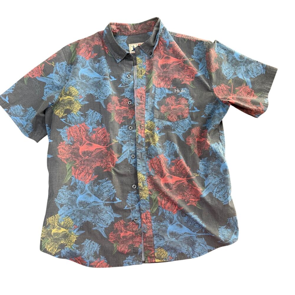 Huk Kona Woven Fishing Shirt Medium Fish Graphic Hawaiian Button Up Short Sleeve